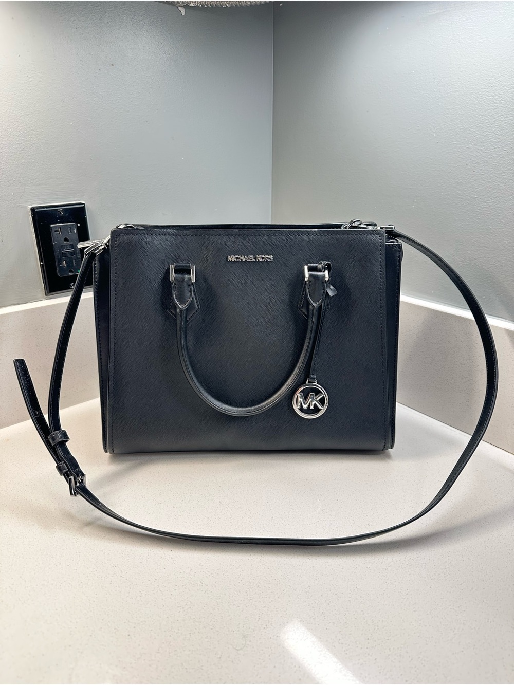 Michael Kors Black Faux Leather Satchel Crossbody Handbag Silver Hardware